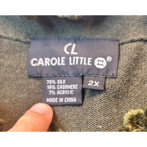 Carole Little Womens 2X Olive Knit Cardigan With Fringe Collar - Picture 3 of 6